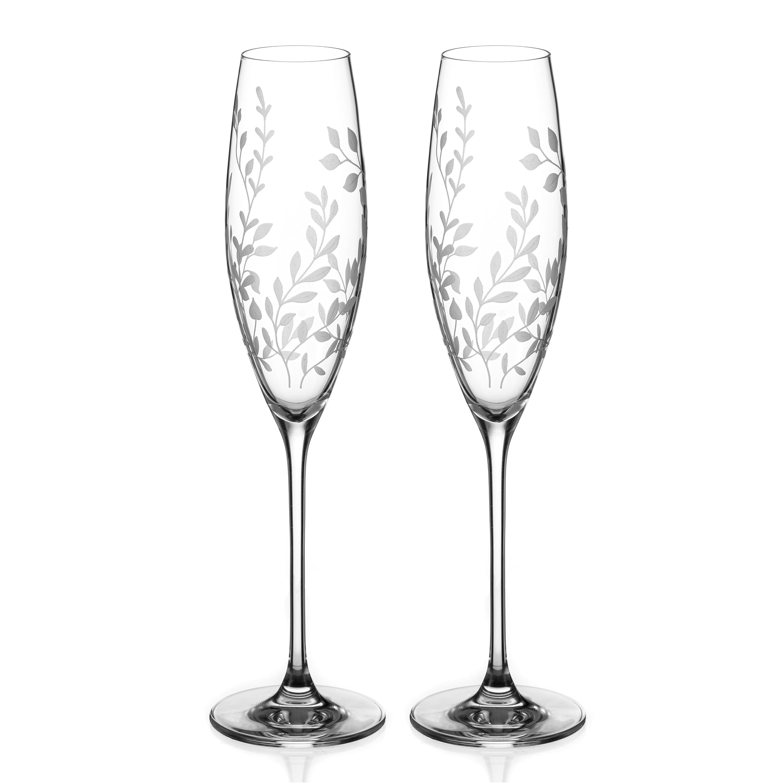 DIAMANTE Crystal Champagne Flutes Prosecco Glasses Pair - ‘Breeze’ - Intricately Etched Floral Leaves Pattern - Set of 2