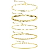 Kyerlyn Gold Bracelets for Women Waterproof, 14K Real Gold Jewelry Sets for Women Trendy Dainty Stackable Cuban Link Paperclip Chain Bracelet Pack Fashion Accessories Gifts