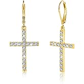 925 Sterling Silver Cross Dangle Earrings for Women 14K Gold Plated Dainty Minimalist CZ Cross Dangle Drop Earrings for Women Trendy Hypoallergenic Leverback Earings