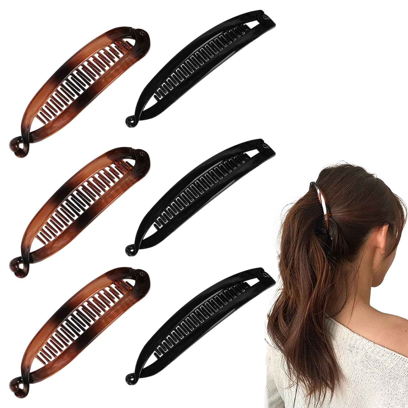 Photo 1 of 6 Pcs Banana Clip, 6.1 Inch Large Banana Clips for Women, Firmly Fixed, Suitable for Thick and Thin Hair, Suitable for Women Girls (Black + Amber)