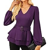 GRACE KARIN Women Work Peplum Tops,Long Sleeve Dressy Casual Blouses,V Neck Business Shirt Fall Outfits with Belt