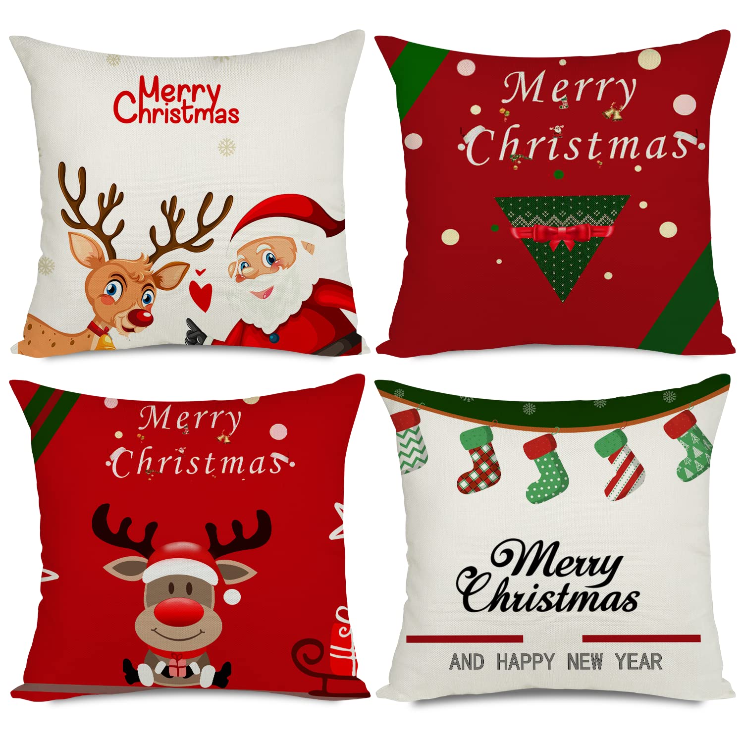 Ywlake Set of 4 Christmas Cushion Covers 45x45cm, Merry Christmas Series Cartoons Pattern Cotton Linen Decorative Throw Pillow Covers Cases Cushion for Sofa