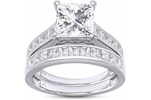 Wishrocks Princess Cut Bridal Set Ring, 7MM Center, Lab Created Moissanite, 3 Cttw or 4 Cttw, 925 Sterling Silver, 10K & 14K Gold, Engagement & Wedding Jewelry for Women