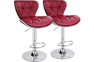 LEOPARD OUTDOOR PRODUCTS Leopard Shell Back Adjustable Swivel Bar Stools, PU Leather Padded with Back, Set of 2 (Wine Red)