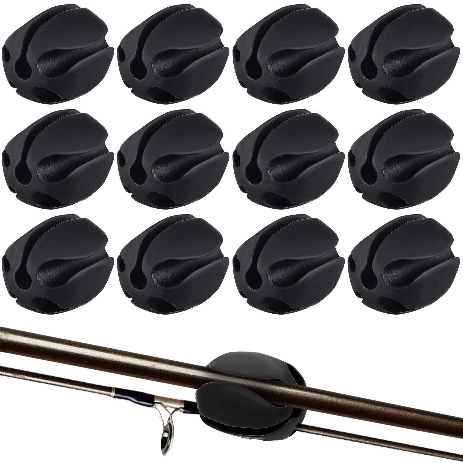 Photo 1 of Blueweenly 12 Pcs Portable Silicone Fishing Pole Rod Holder Clips Fixed Ball 5 Holes Multifunctional Rubber Fishing Pole Puller Clips Bike Rod Holder Straps for Travel Ground Car Bike(Black)
