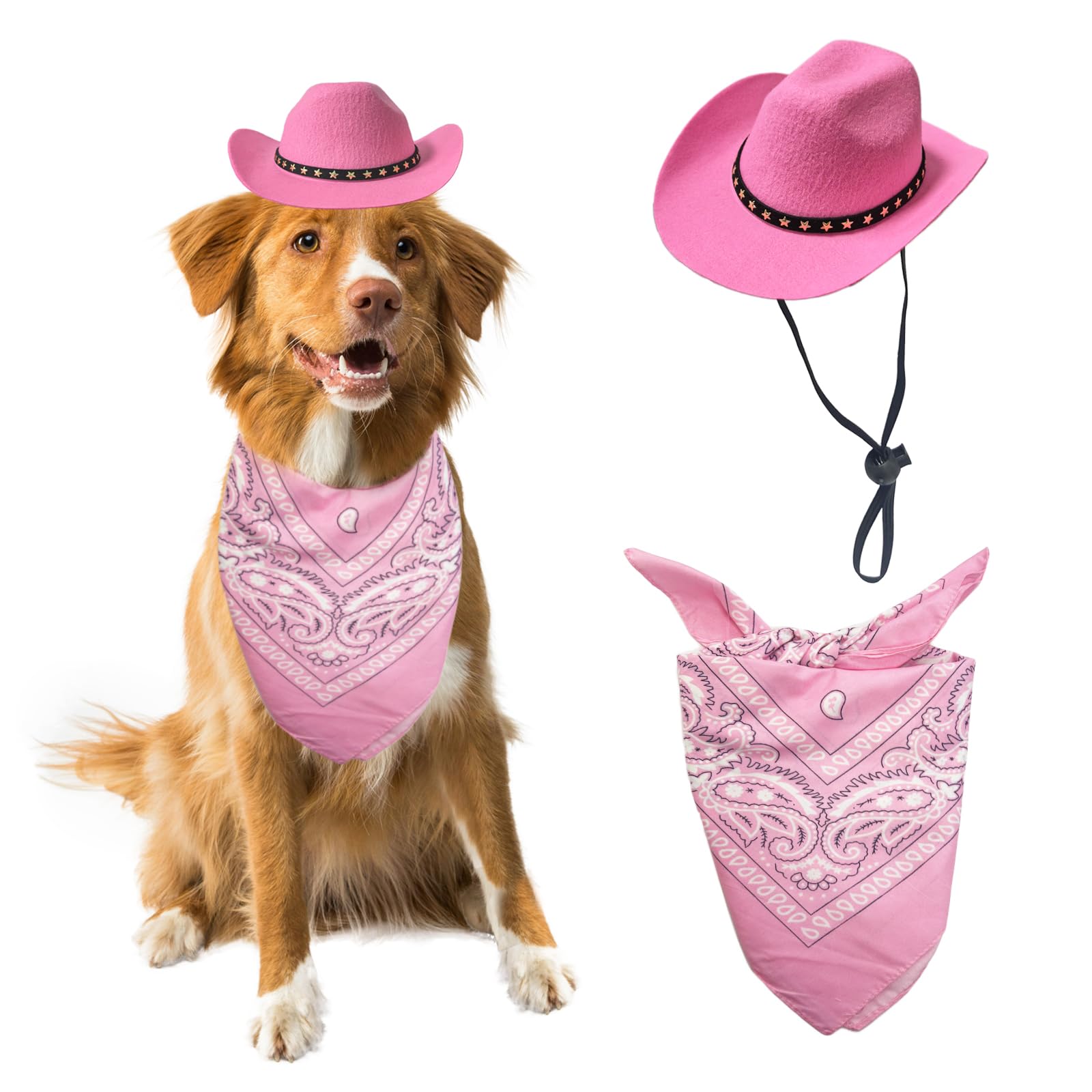AWOCAN Dog and Cat Cowboy Hat With Bandana Scarf - Mini Pet Costume for Holiday, Halloween, Party Decoration (Pink, Large)
