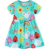 AIWUHE Toddler Girls Dress Cotton Casual Short Sleeve Striped Jersey Dresses Summer Cartoon Dinosaurs Appliques Shirt 2-7Y