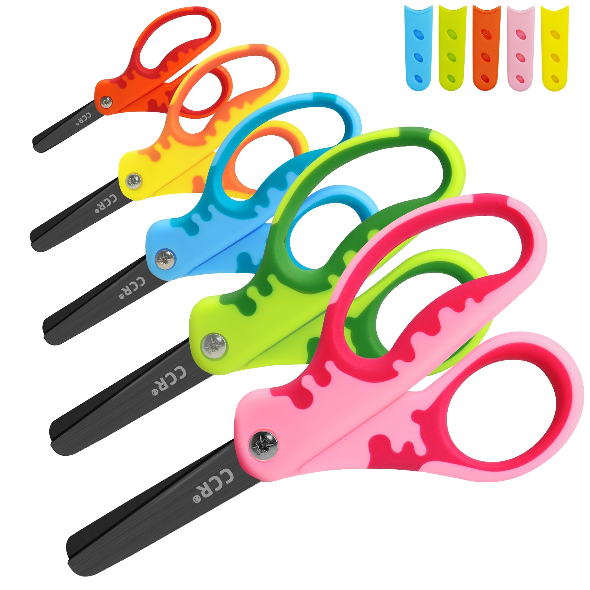 CCR Kids Black Coated Scissors,Safety Children Scissors with Cover,13.5cm Soft Grip Handed,for School Classroom Children's Art and Craft Supplies,Assorted Color,Set of 5