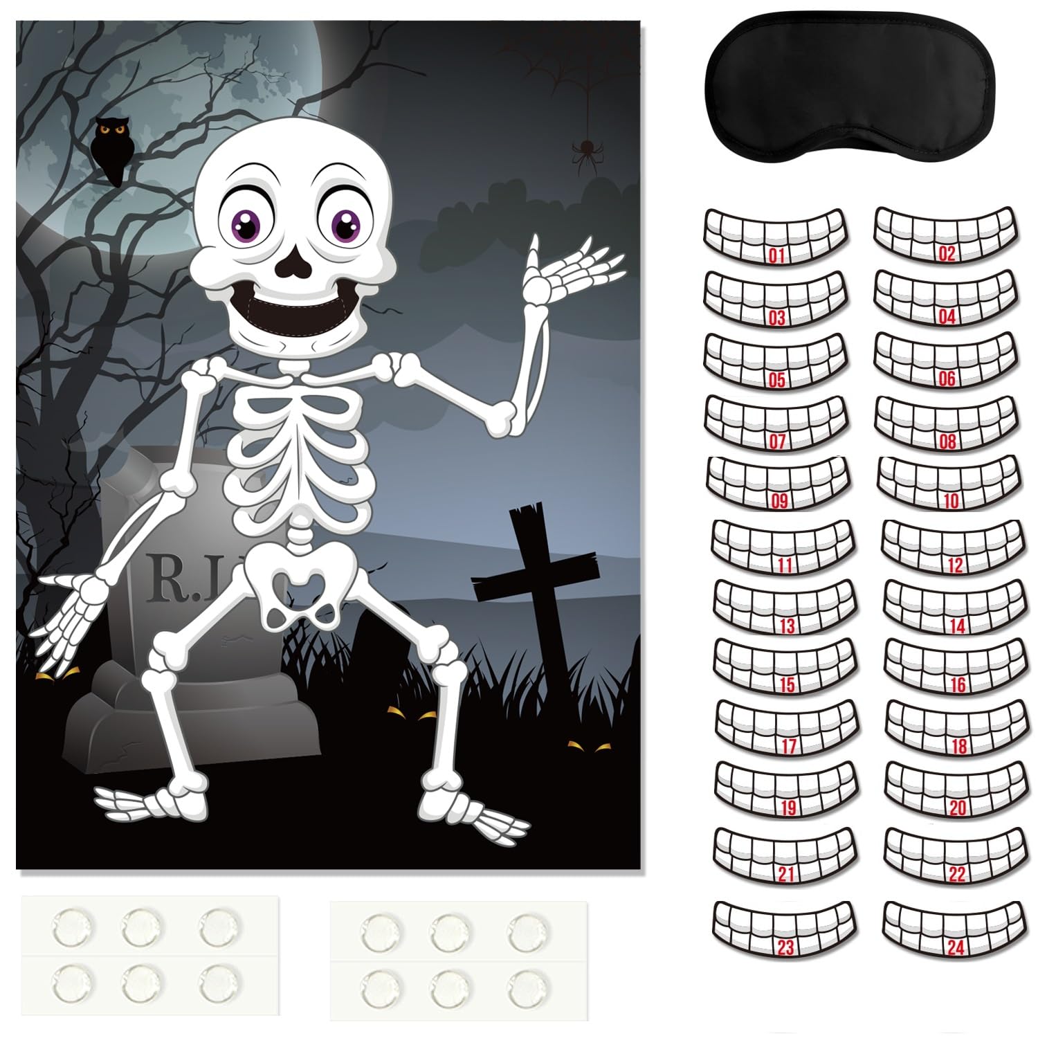 FEPITO Pin the Teeth on the Skeleton Skull Party Game with 24 Pcs Teeth Stickers for Halloween Party Favors and Decorations