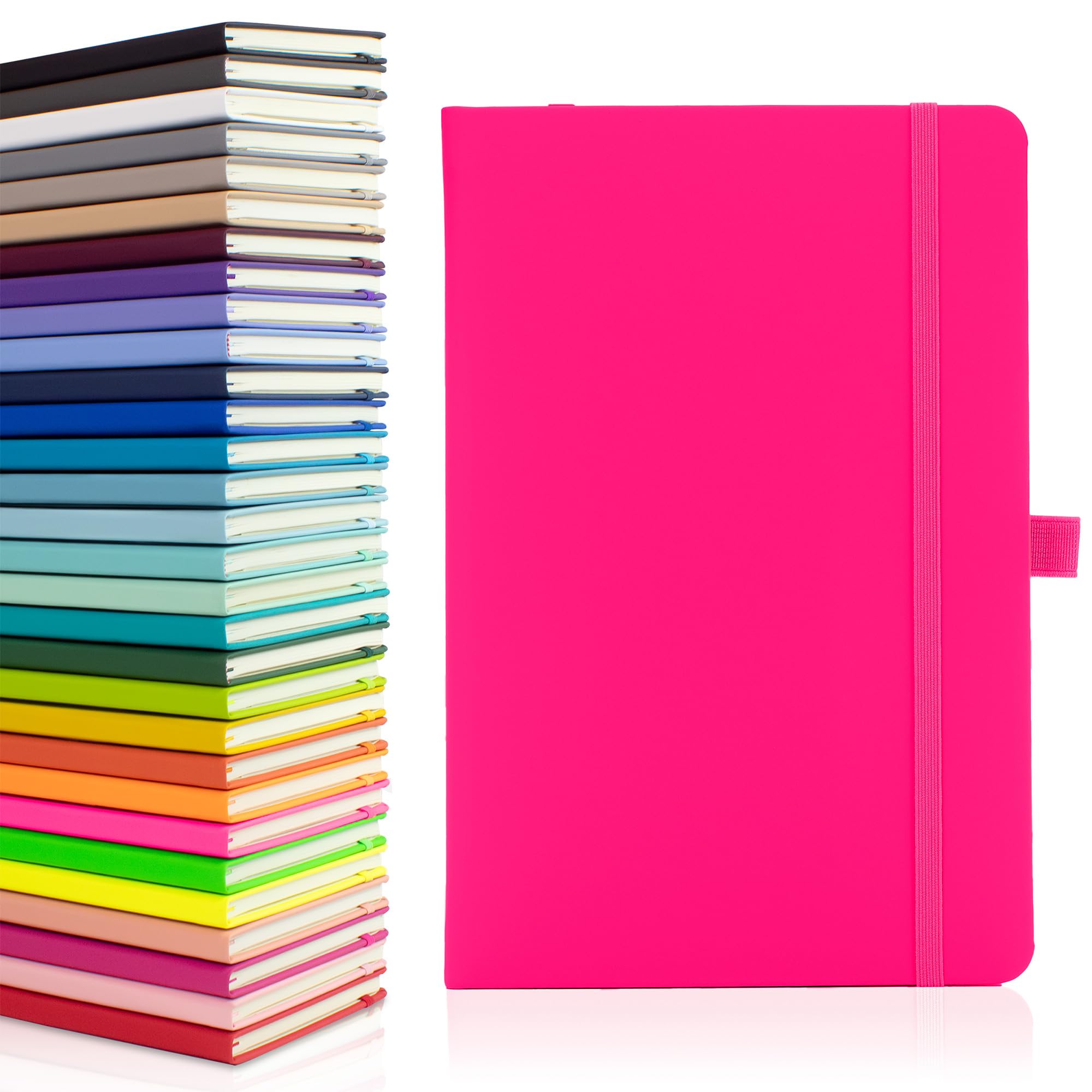 Notes London Eco A5 Notebook with Lined Pages, Pen Loop, Ribbon, Date Marks and Paper Pocket, Medium Hardback Journal, Note, fluorescent, sustainably sourced paper (Neon Pink)