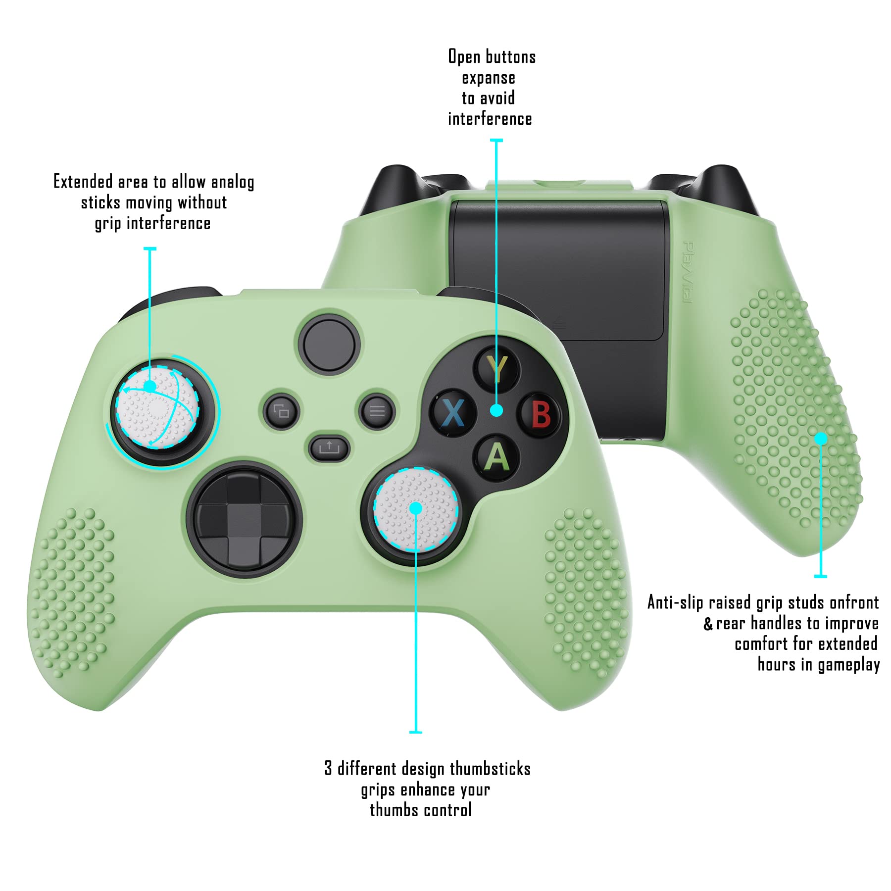 eXtremeRate PlayVital Matcha Green 3D Studded Edition Anti-Slip Silicone Cover Skin for Xbox Series X/S Controller, Soft Rubber Case Protector for Xbox Core Wireless Controller with Thumb Grip Caps