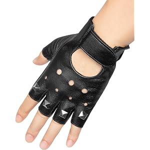 FLORVIV Fingerless Gloves Black PU Faux Leather Halloween Cosplay Gloves
