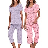 American Trends Womens Pajama Sets Cotton Blend Short Sleeve Sleepwear Soft Capri Pjs for Lounging Two Piece Set S-3XL