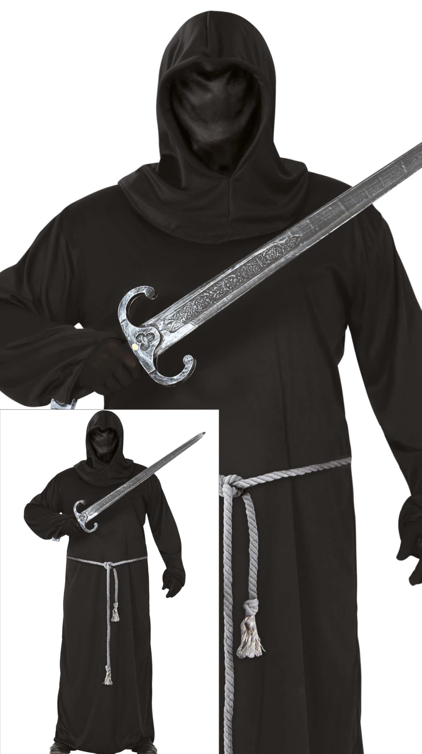 FIESTAS GUIRCA | Dark Soldier Adult Men's Fancy Dress (16.5-44/L) - Hood, Belt and Tunic - Ideal for Halloween, Medieval and Religious Themed Parties - Adult Costumes - Black