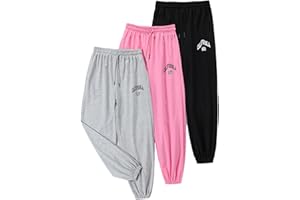 EXARUS 3 Pack Girls' Letter Graphic Print Sweatpants with Pockets Sweat Pants High Waisted Cute Joggers 6-14Y