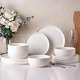 AmorArc Ceramic Dinnerware Sets, Wavy Rim Stoneware Plates and Bowls Sets,Dishwasher & Microwave & Oven Safe Dishes set, Service for 4 (12pc)-Matte Speckled White