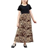 GORLYA Girl's Short Sleeve Patchwork Floral Print Loose Casual Long Maxi Dress with Pockets for 4-12 Years Kids