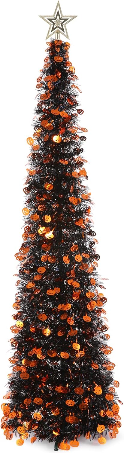 Trees - 5 FT Collapsible Pop Up Tinsel Halloween Tree, Black Artificial Pencil Christmas Tree with Halloween Pumpkin Sequins for Apartments, Dorm Rooms, Fireplace, Holiday Party Decoration