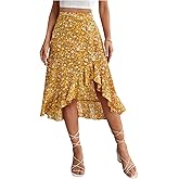 SweatyRocks Women's Ditsy Floral Print Midi Skirt 2025 Summer Boho Ruffle Hem Skirt