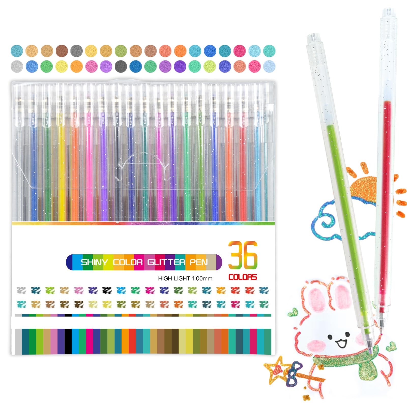 Marte Vanci Glitter Gel Pens, 36 Colour Gel Pens for Colouring, Sparkly Coloured Glitter Ink Set 1.0mm Tip for Adult Colouring Books Writing Journal Crafting Scrapbooks Drawing Christmas Cards