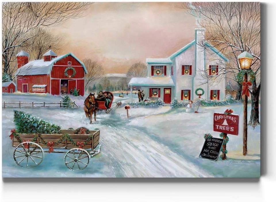 Wall Décor - Renditions Gallery Christmas Tree Farm Wall Art, Country Winter Scene with Red Barn, Charming Decorations, Premium Gallery Wrapped Canvas Decor, Ready to Hang, 24 in H x 36 in W, Made in America (WC17-IHNH066-2436)