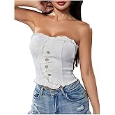 WDIRARA Women's Y2k Button Denim Tube Tops Strapless Asymmetrical Crop Top Sleeveless Zipper Back Bandeau