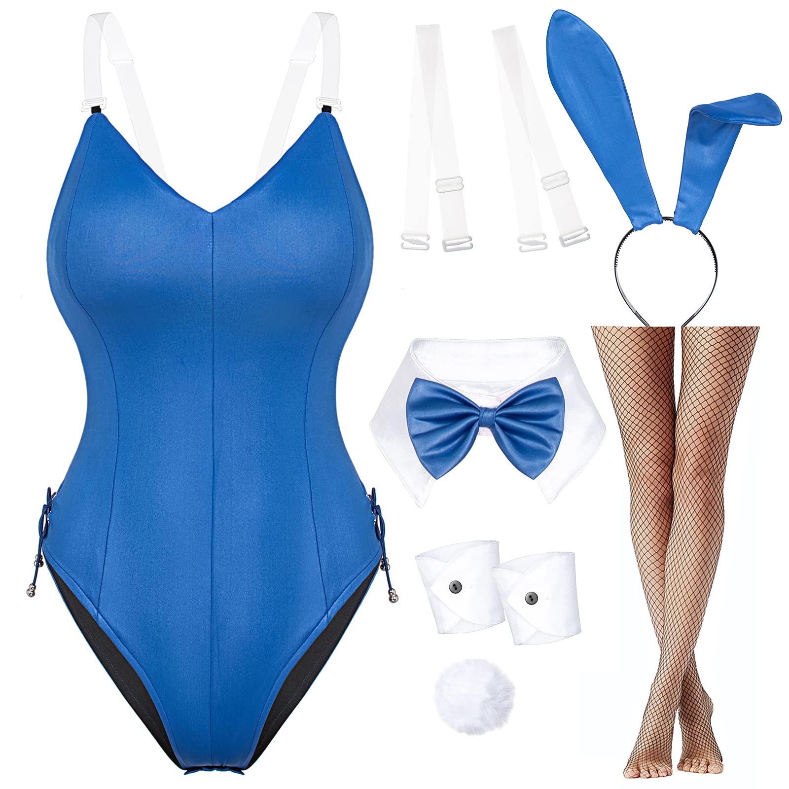 Wannsee Womens Bunny Girl Suit Anime Role Costume Senpai Cosplay Bodysuit One Piece Stockings Set（Blue Plus Size 5XL