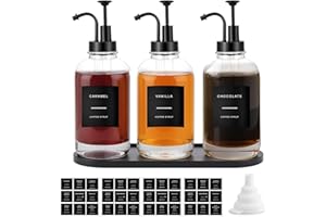 Sunal 3pack Coffee Syrup Dispenser,Black 16.9 oz/500ml Glass Pump Bottles with Tray,Syrup Dispenser with Funnel&36 Labels for