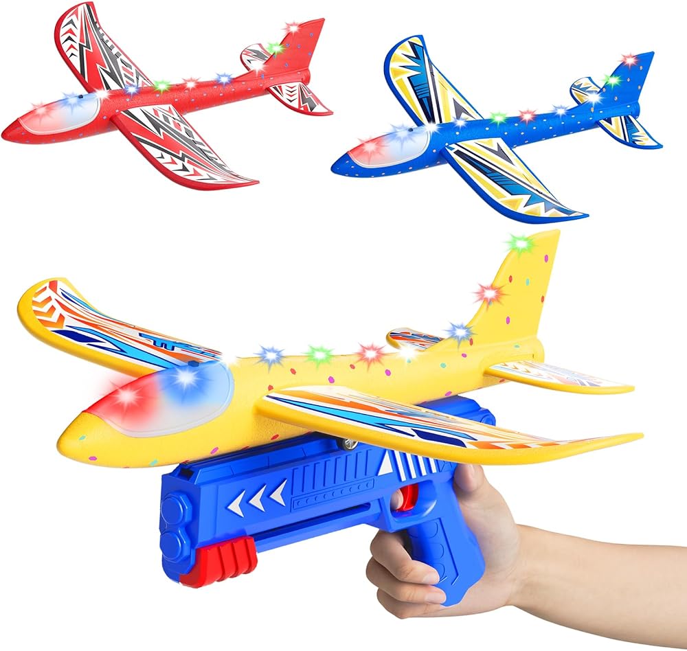 Doloowee Airplane Launcher Toy 3 Foam Planes LED Lights 2 Flight Modes Catapult