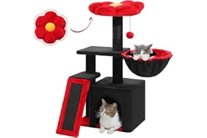 PETEPELA Gothic Cat Tree for Indoor Cats, 31.5'' Small Flower Cat Tower Cat Condo with Sisal Scratching Ramp, Cozy Hammock and Removable Flower Cat Bed Perch for Kittens, Black