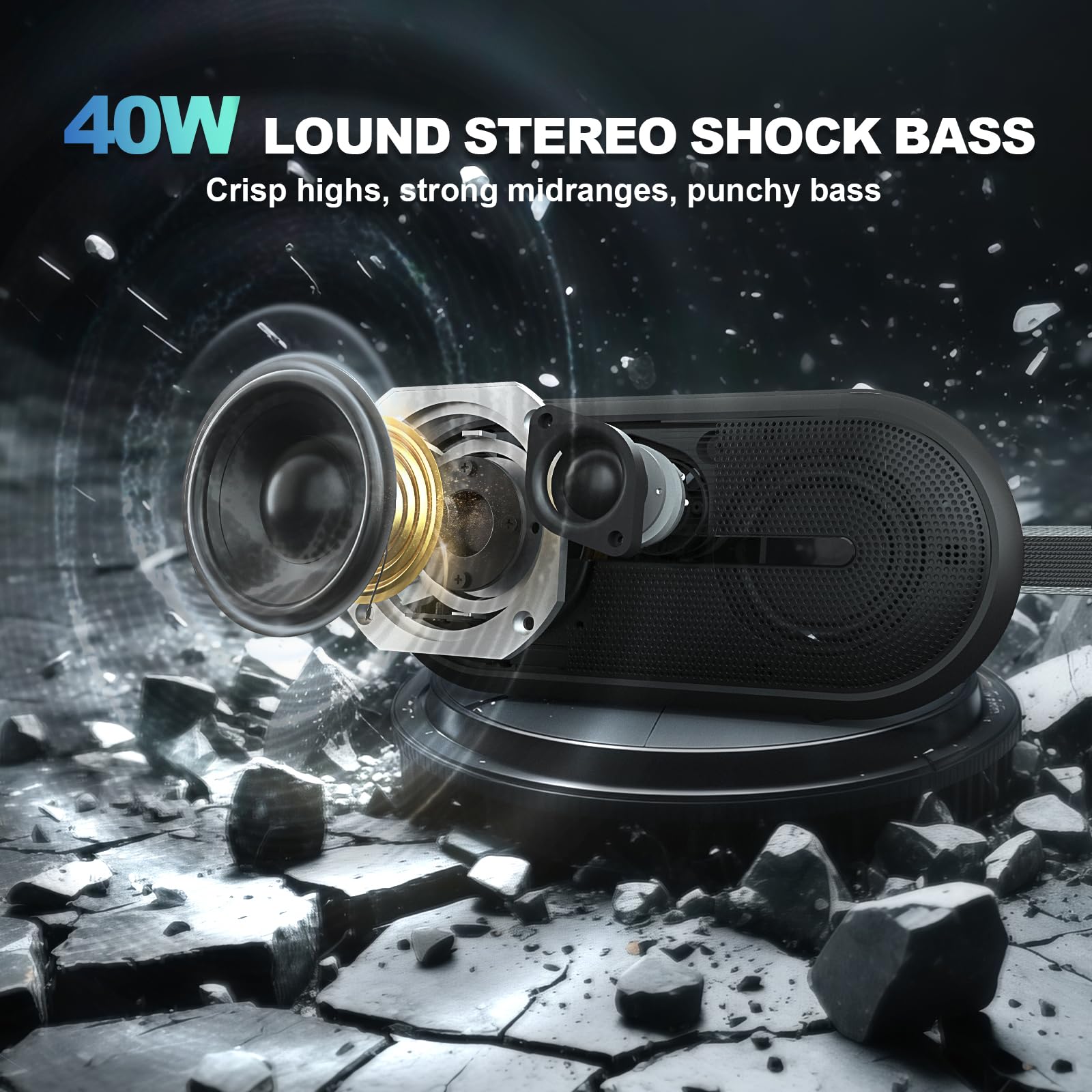 SOWO Portable Wireless Speaker with Bluetooth, Enhanced Immersive Bass, Partyboom Technology, 40W Loud Clear Stereo Sound, IP67 Waterproof, 16H Playtime for Outdoor, Camping and Travel - Deep Black