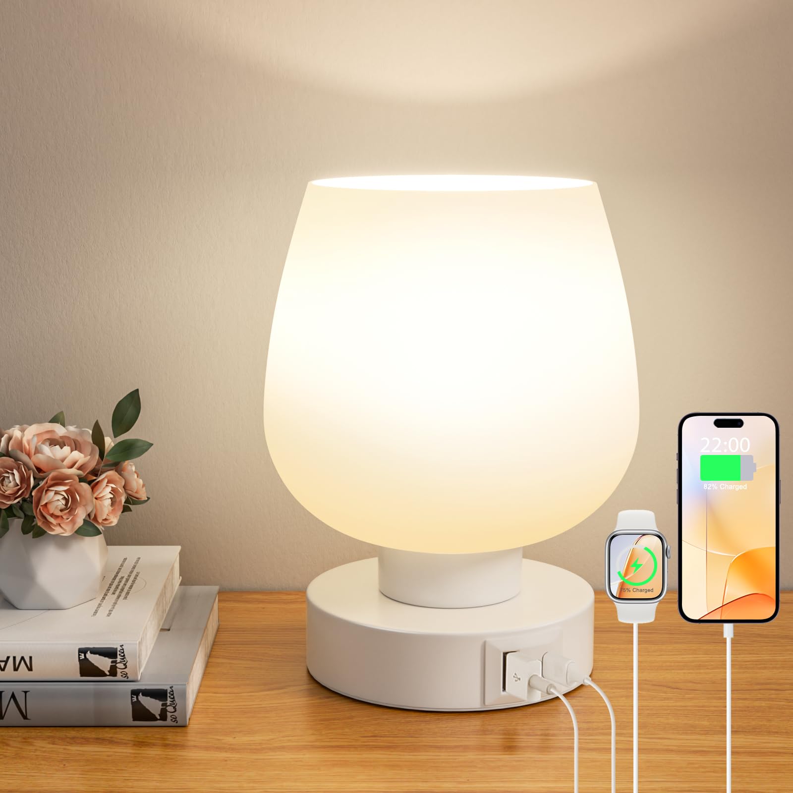 Photo 1 of Touch Table Lamp for Nightstand - Bedside Lamp with USB C+A Charging Ports for Bedroom Living Room Night Stands, Desk Lamp with White Glass Shade for Small Spaces, 3 Way Dimmable, LED Bulbs, Gifts