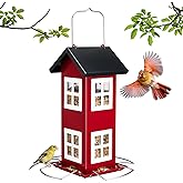 Veehoo Bird House Feeders for Outdoors Hanging-Metal Wild Bird House Feeders with 4 Ports, Country House Design, Garden Yard Decor Hanging Bird Feeder for Outside, Large Capacity, Red