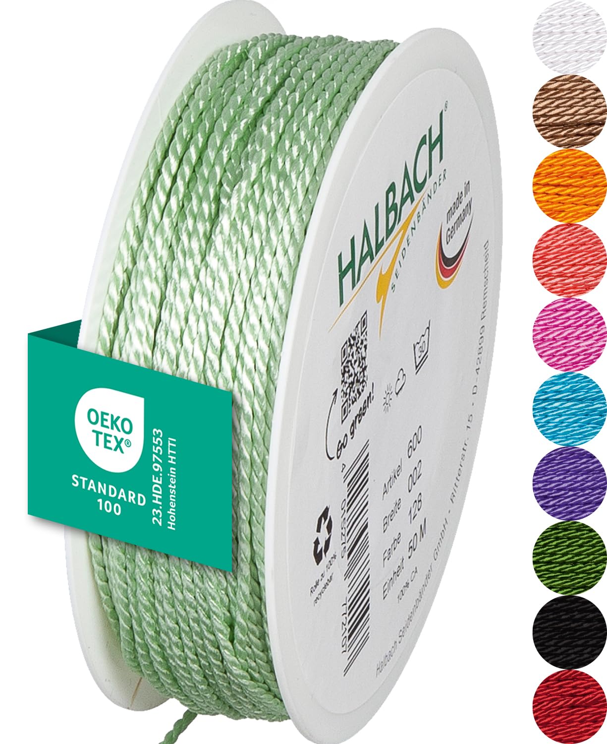 Halbach Seidenbänder Premium Cord (Mint) | Width 2 mm Length 50 m | Made in Germany & Oeko-Tex Certified | Shiny Satin Cord Made of Acetate