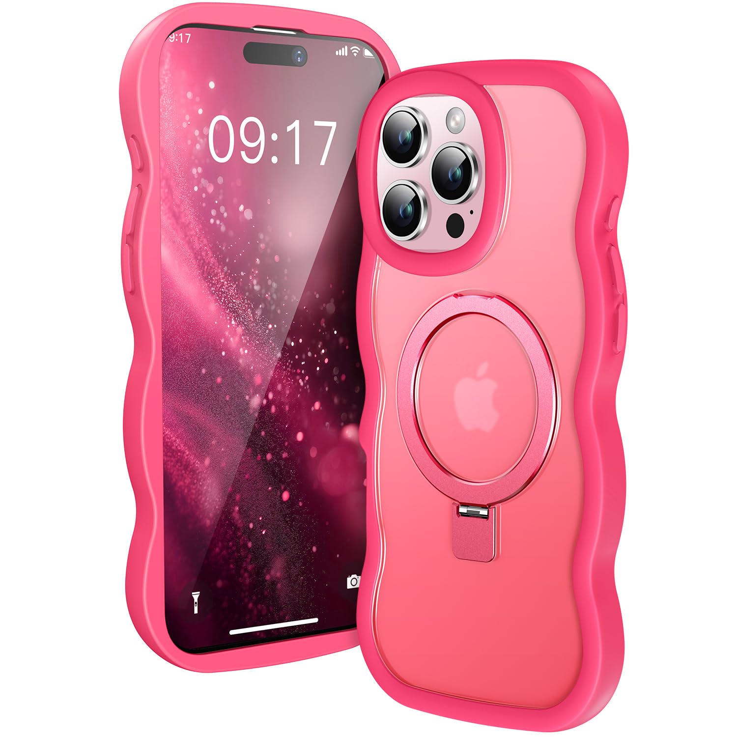 Photo 1 of [Cute Wave Frame+Mag Stand] Designed for iPhone 16 Pro Max Case, [Fit for MagSafe] Translucent Silicone Protective Magnetic Ring Phone Case Cover for iPhone 16 Promax 6.9 inch Men Women, Hot Pink