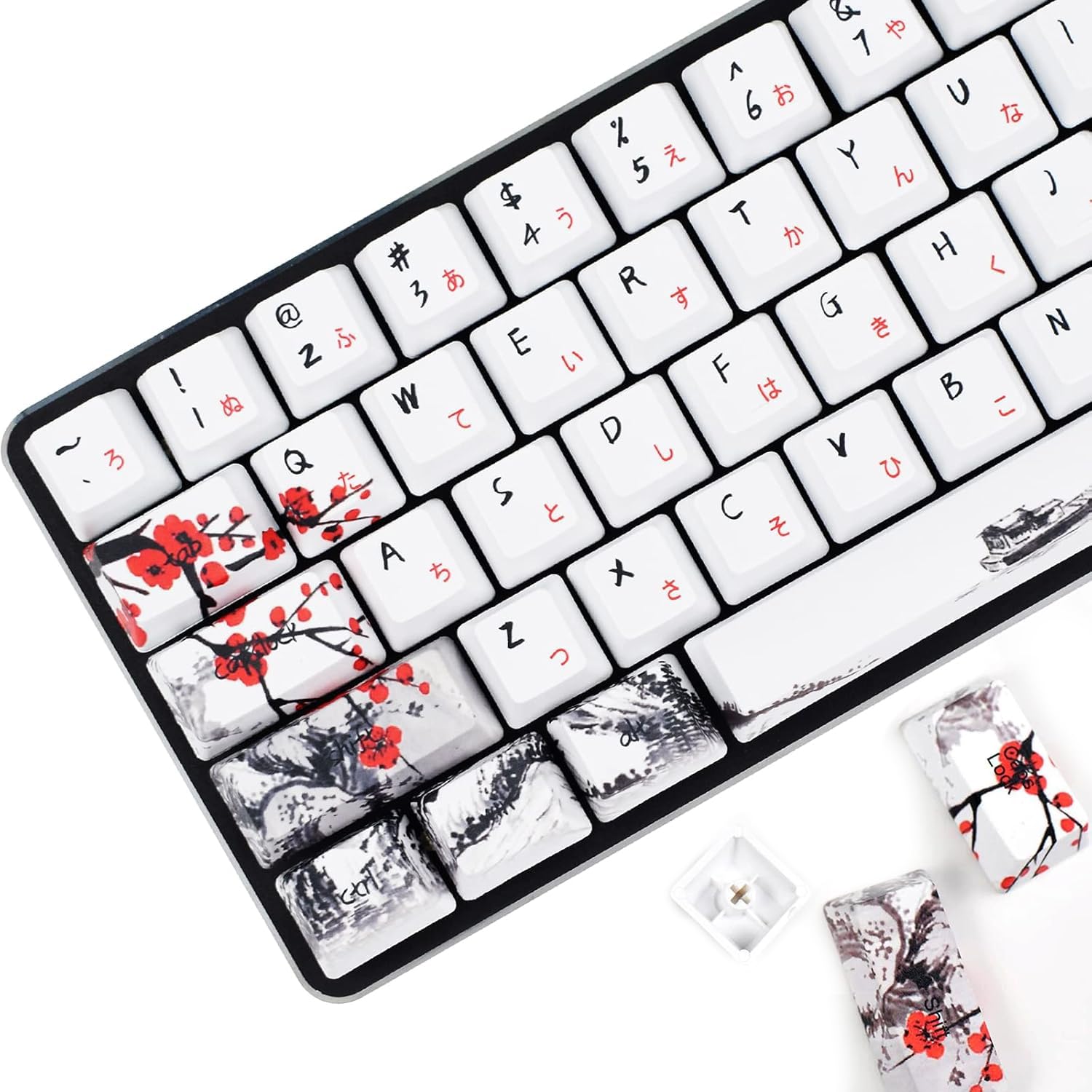 MOLGRIA Plum Blossom Keycaps Mechanical Gaming Keyboards, Custom PBT OEM Profile Key caps Japanese Style with Keycap Puller for Cherry MX 104/87/71/61 60 Percent Keyboard (Plum Blossom 71 JP)