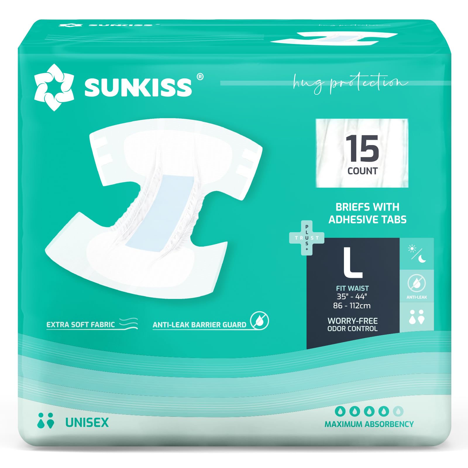 Photo 1 of SUNKISS TrustPlus Adult Diapers with Maximum Absorbency, Disposable Incontinence Briefs with Tabs for Men and Women, Odor Control, Large, 15 Count