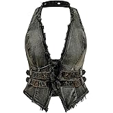 WDIRARA Women's Plus Size Frayed Denim Halter Top Buckle Backless Punk Hippie Jean Crop Top