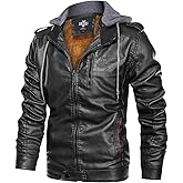 HOOD CREW Men’s Black Brown Coffee Stand Collar Warm PU Faux Leather Zip-Up Motorcycle Jacket with a Removable Hood