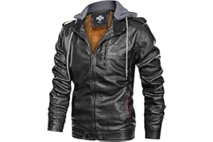 HOOD CREW Men’s Black Brown Coffee Stand Collar Warm PU Faux Leather Zip-Up Motorcycle Jacket with a Removable Hood