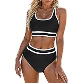 Blooming Jelly Womens High Waist Bikini Sets Sporty Color Block Two Piece Swimsuits Scoop Neck Cheeky Bathing Suits