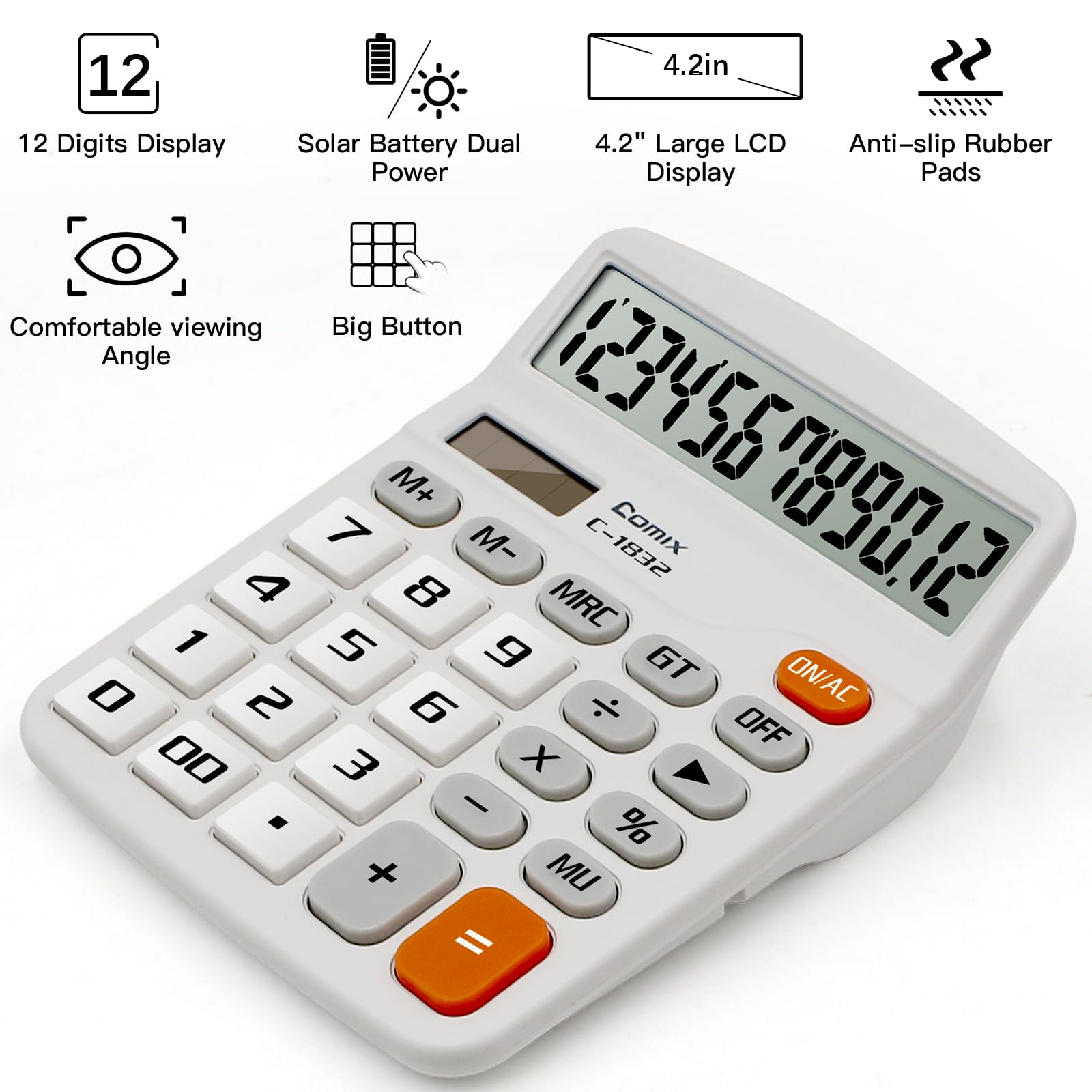 Comix Desktop Calculator 12 Digit with Large LCD Display and Big Button, 12 Digits Baisc Calculator, Solar Battery Dual Powered, for Office Home School C-1832(White)