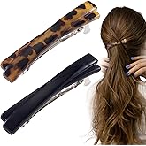 STSTR 2 PCS French Barrette Hair Clips for Women, 2.56 Inch Small Tortoise Shell Hair Clip, Curved Glossy Thin Hair Flat Hair Accessories for Women (Black, Leopard Color)