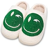 Smile Face Slippers for Women and Men, Retro Comfy Warm Soft Fuzzy Plush Slip-On House Shoes Funny Cute Happy Smile Home Winter Pillow Cloud Foam Fluffy Slipper for Indoor Outdoor, Green size 11 12