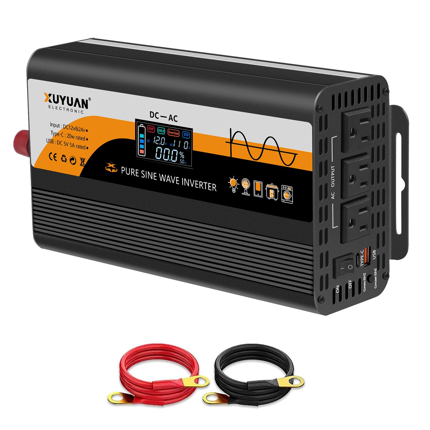 Photo 1 of 1500W Pure Sine Wave Inverter (3000W Peak), 12V/24V Auto-Detect, 50Hz/60Hz Switchable, LCD Display, Type-C Fast Charging, Silent Design, Overload & Overheat Protection for RV, Home (Black-1500W)