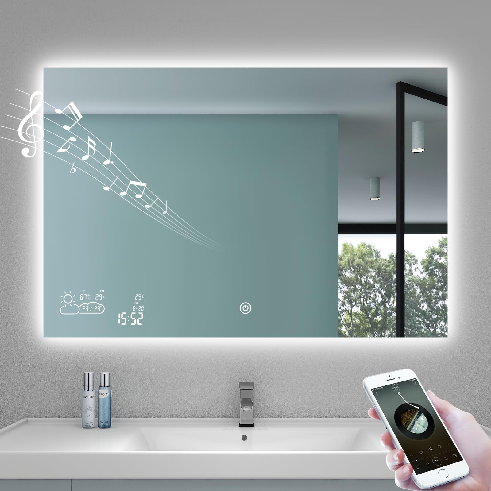 Photo 1 of 36x24 LED Bathroom Mirror with Bluetooth Wi-Fi Enabled Weather Display, Backlit Lighted Smart Vanity Mirror for Bathroom Wall with 2 Colors Dimmable, Anti-Fog, Touch Sensor- Horizontally Hang Only
