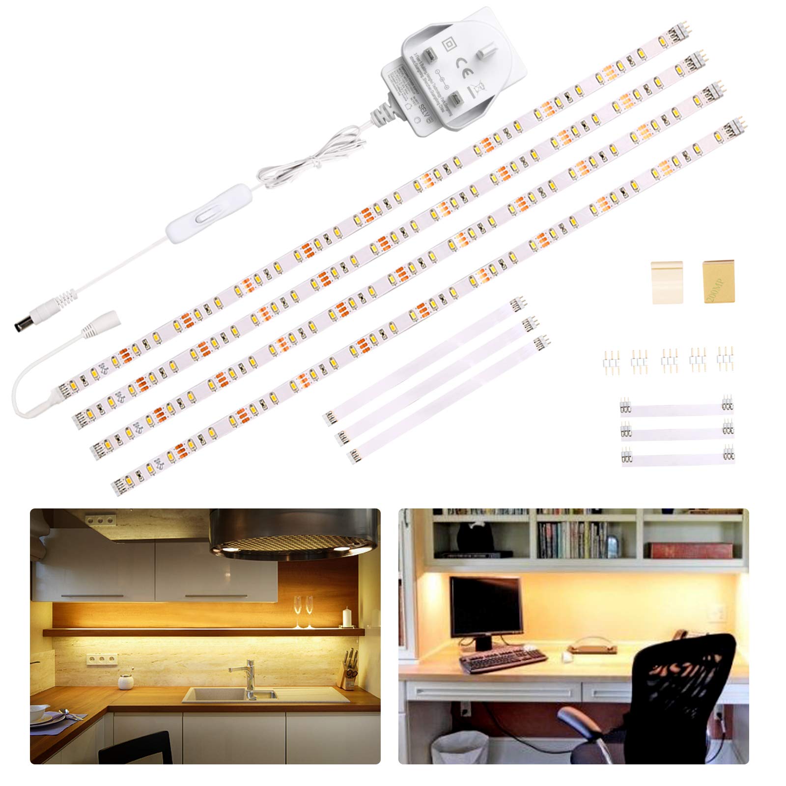 WOBANE Under Cabinet Lighting Kit,Flexible LED Strip Lights Bar,Under Counter Lights for Kitchen,Cupboard,Desk,Monitor Back,Shelf,4x50cm Tape Light Set,120 LEDs,1200lm,2700K WarmWhite,12v Adapter
