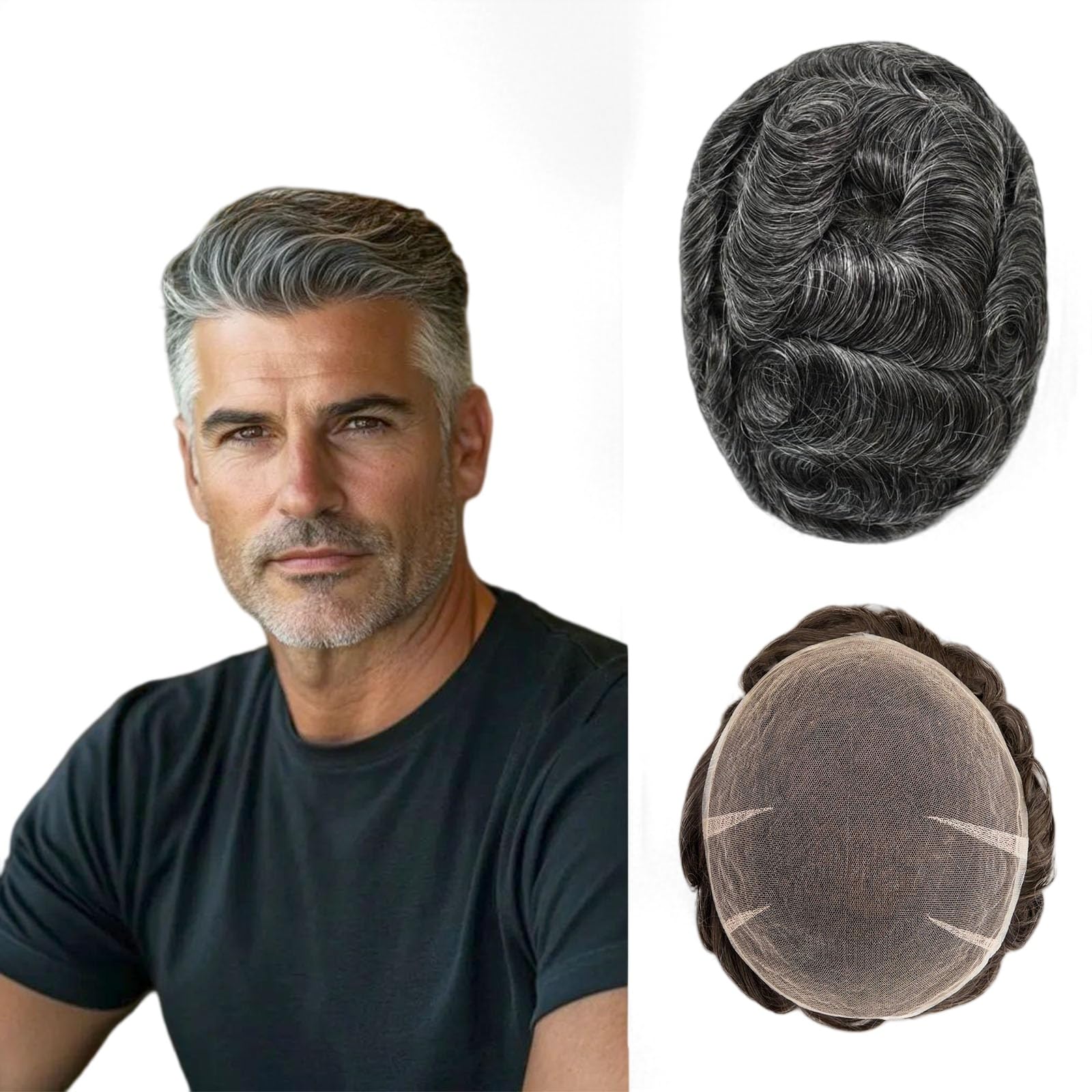 Ehairc Toupee For Men Full Swiss Lace Hair System For Men 100% Human Hair Breathable Men'S Toupee Hairline Bleach Knots Natural 90% Density Mens Lace Wig Base Size 8X10" (#1B40)