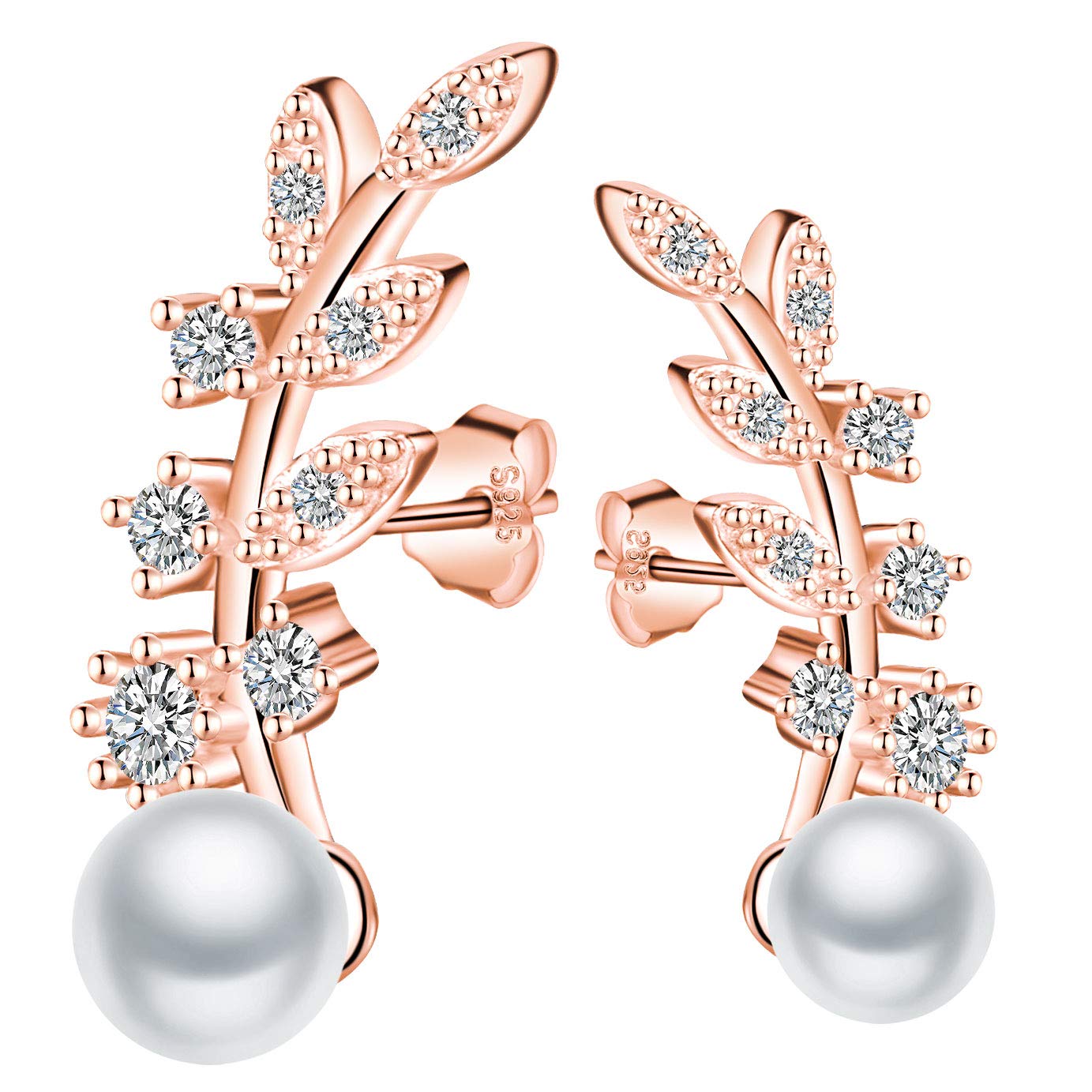 MICGIGI-Women Stylish Leaves Pearl Earrings 925 Sterling Silver Zirconia Stud Earrings 5mm Pearl(Rosegold)