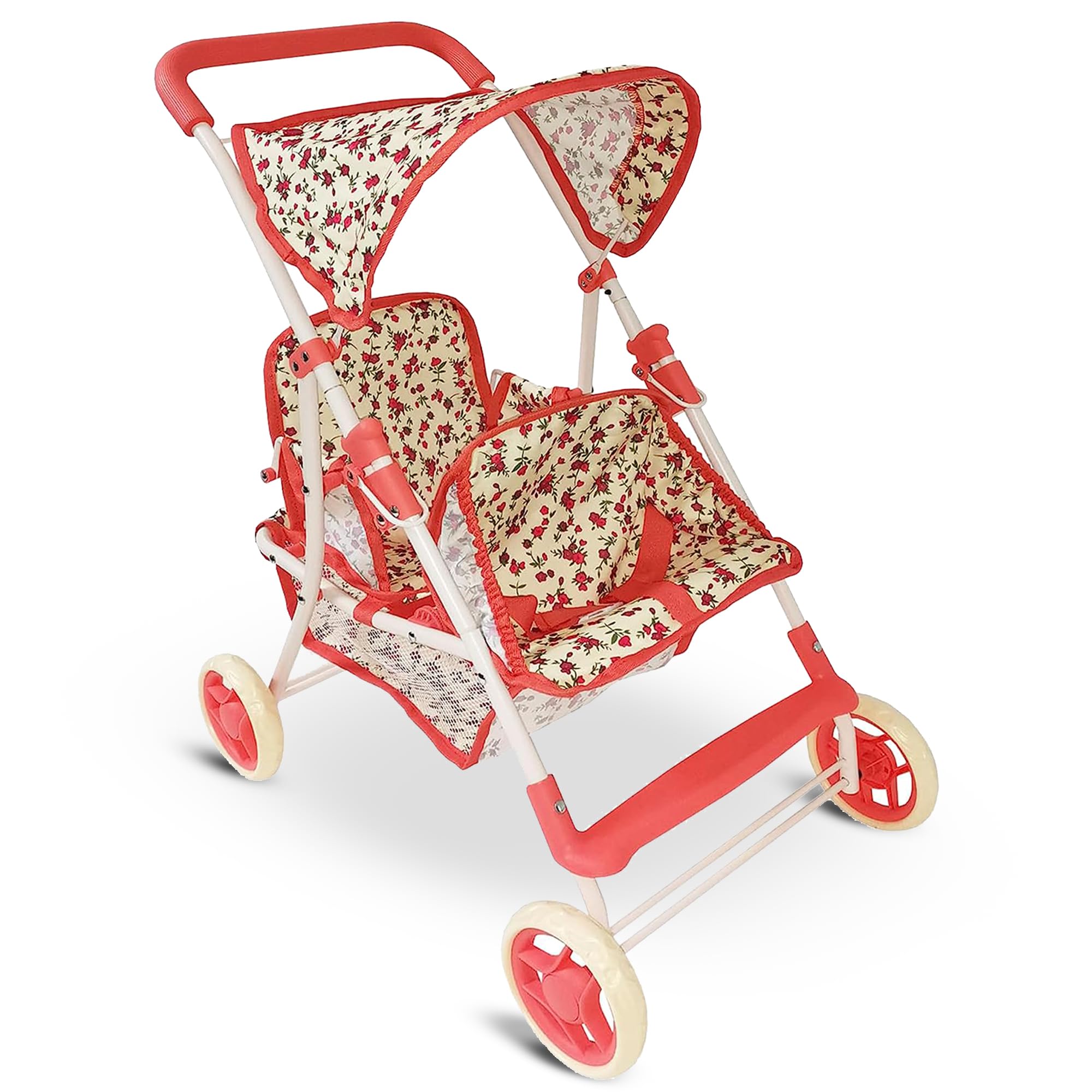 Photo 1 of Double Doll Stroller for Twin Dolls & Toddlers - 25' Floral Tandem Play Toy Stroller